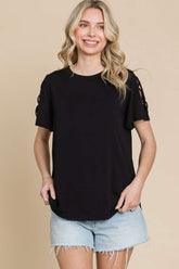 Culture Code Round Neck Crisscross Short Sleeve T-Shirt Black OutfitFlow