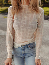 Sheer Plaid Mesh Lettuce Trim Slim Fit Long Sleeve Top Beige OutfitFlow