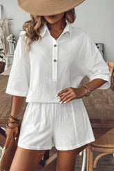 Collared Neck Half Sleeve Top and Shorts Set White OutfitFlow