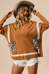 BiBi Mock Neck Sweater with Leopard Pocket CAMEL OutfitFlow