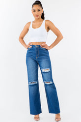 American Bazi High Waist Distressed Wide Leg Jeans Blue OutfitFlow