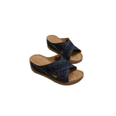 Peep Toe Wedge Sandals Dark Navy OutfitFlow