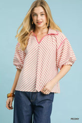 Umgee Chevron Stripe Collared Relaxed Top PEONY Trendsi