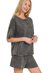 Zenana Acid Washed Short Sleeve Tee & Shorts Set ASH BLACK OutfitFlow