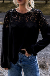 Lace Detail Round Neck Long Sleeve Blouse Black OutfitFlow