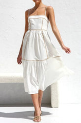 Contrast Trim Square Neck Midi Cami Dress White OutfitFlow