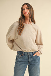 Mable Round Neck Letter Embroidery Crop Sweatshirt Taupe OutfitFlow