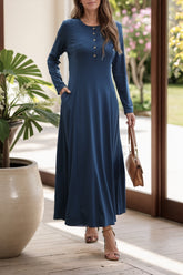 Round Neck Long Sleeve Maxi Dress with Pockets Navy OutfitFlow