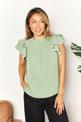 Perfee Pleated Detail Flutter Sleeve Blouse Light Green OutfitFlow