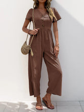 V-Neck Short Sleeve Wide Leg Jumpsuit Brown OutfitFlow