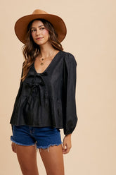 Annie Wear Tie Front Peplum Long Sleeve Denim Top Black OutfitFlow