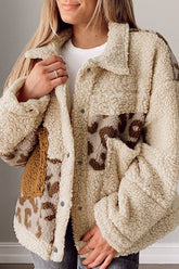 Pocketed Leopard Collared Neck Sherpa Jacket Cream OutfitFlow