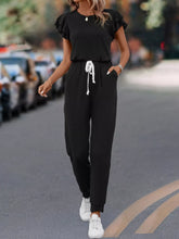Ruffle Sleeve Drawstring Waist Casual Jumpsuit Black OutfitFlow