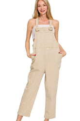 Zenana Washed Knot Strap Relaxed Fit Overalls SAND BEIGE OutfitFlow