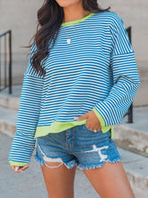 Perfee Striped Round Neck Long Sleeve Sweatshirt Pastel Blue OutfitFlow