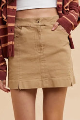 Annie Wear Comfort Stretch Cotton Slit Detailed Mini Skirt KHAKI OutfitFlow