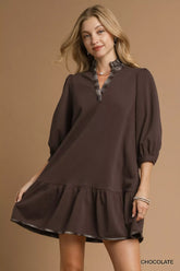 Umgee French Terry Ruffle Hem Dress with Plaid Trim Chocolate OutfitFlow