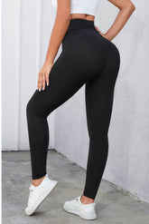 Crisscross Detail Wide Waistband Leggings Black OutfitFlow