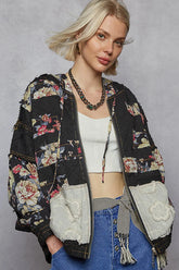 POL Zip Up Floral and Lace Patch Washed Jacket Black OutfitFlow