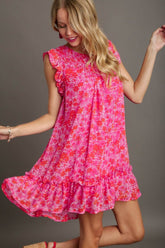Umgee Full Size Smocked Detail Floral Metallic Ruffle Cap Sleeve Dress Plus Size Hot Pink OutfitFlow