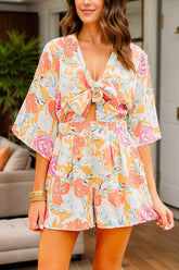 Tied Printed Half Sleeve Romper Tangerine OutfitFlow