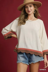 Umgee Scalloped Hem Color Block Top OATMEAL OutfitFlow