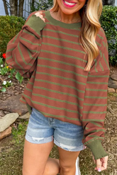 Striped Round Neck Long Sleeve Sweater Brown OutfitFlow