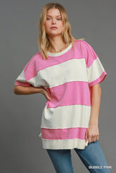 Umgee Mineral Wash ColorBlock Tunic Dress BUBBLE PINK OutfitFlow