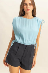 HYFVE Bubble Hem Side Tie Detail Round Neck Sleeveless Blouse Mint Blue OutfitFlow