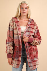 VERY J Fuzzy Plaid Long Sleeve Hooded Jacket Mauve Mix OutfitFlow