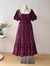 Plus Size Floral Square Neck Short Sleeve Dress Burgundy OutfitFlow