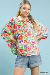 Umgee Mixed Floral Oversized Button Down Shirt ORANGE MIX OutfitFlow