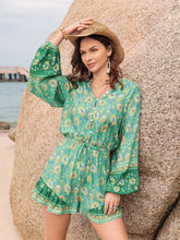 Printed Ruffled Balloon Sleeve Romper Green OutfitFlow