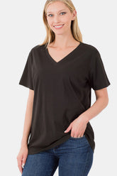 Zenana Full Size V-Neck Short Sleeve T-Shirt Black OutfitFlow