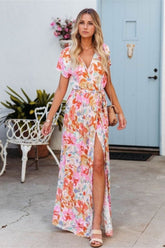 Printed Surplice Short Sleeve Tie Waist Maxi Dress Burnt Coral OutfitFlow