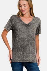 Zenana Full Size Washed Short Sleeve V-Neck T-Shirt Dark Gray OutfitFlow