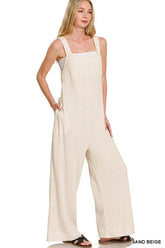 Zenana Knit Waffle Wide Leg Overalls SAND BEIGE OutfitFlow