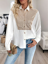 Perfee Sequin Contrast Collared Neck Long Sleeve Shirt White OutfitFlow