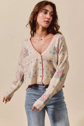 SO ME Floral Pattern Long Sleeve Button Sweater Cardigan BEIGE OutfitFlow