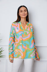 Printed Notched Long Sleeve Blouse Multicolor OutfitFlow