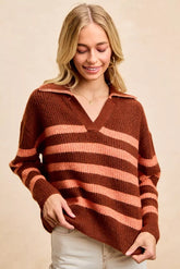 BiBi Striped Sweater Top with Collar Stitched Details BRICK TERRACOTTA OutfitFlow