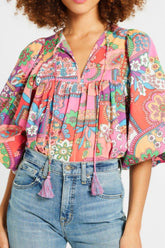 Printed Tie Neck Three-Quarter Sleeve Blouse Floral OutfitFlow