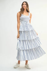 MABLE Pin Stripe Smocked Bodice Layered Midi Dress Off White OutfitFlow