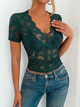 Lace V-Neck Short Sleeve Top Dark Green OutfitFlow