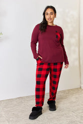 Zenana Full Size Plaid Round Neck Top and Pants Pajama Set Dark Burgundy OutfitFlow