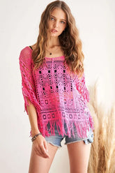ADORA Fringe Hem Crochet Top HOT PINK One Size OutfitFlow