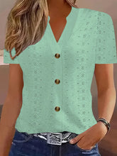 Openwork Notched Short Sleeve Top Gum Leaf OutfitFlow