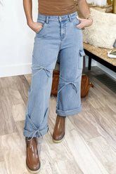 Bowknot Decor Cargo Jeans Light Blue OutfitFlow