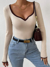 Contrast Trim Long Sleeve Knit Top Beige OutfitFlow