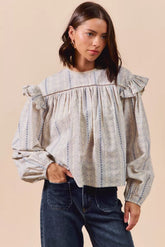 SO ME Floral Cotton Print Ruffled Long Sleeve Blouse BLUE OutfitFlow